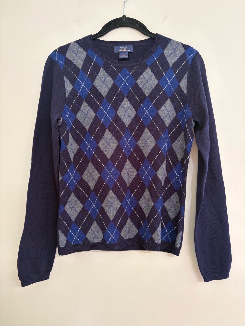 Brooks Brothers Navy Argyle Crewneck Sweater with Blue and Gray Diamonds